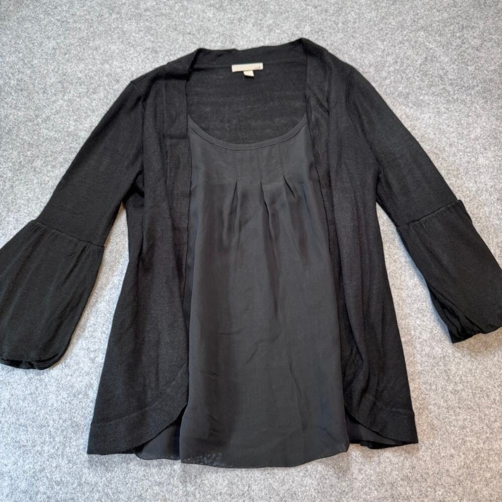 One A Black 2-in-1 Cardigan Blouse Size L Chiffon Bell Sleeve Layered Top